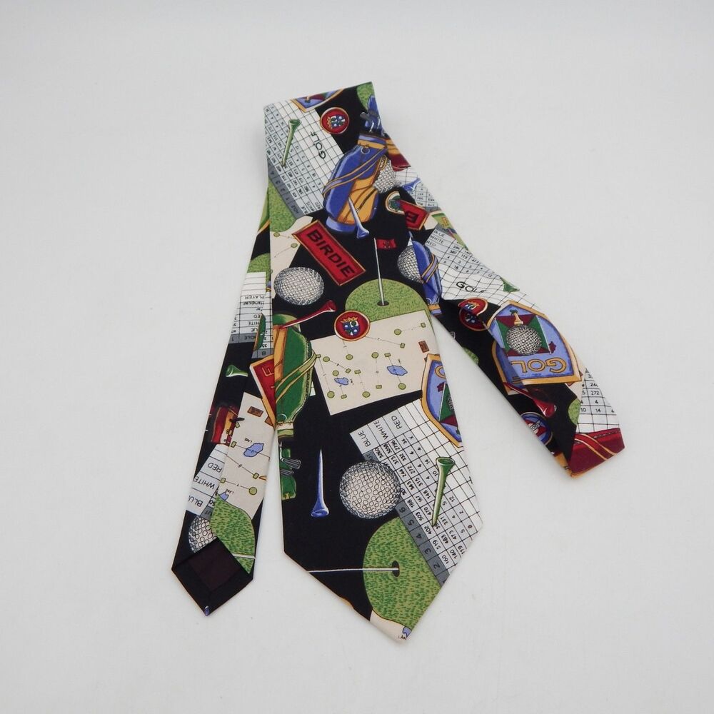 Golf Themed Necktie Birdie Bag Scorecard Black Background 56 Inches Long